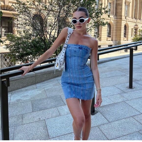 Zara NEW Denim Strapless Mini Dress Size XS - Picture 8 of 13